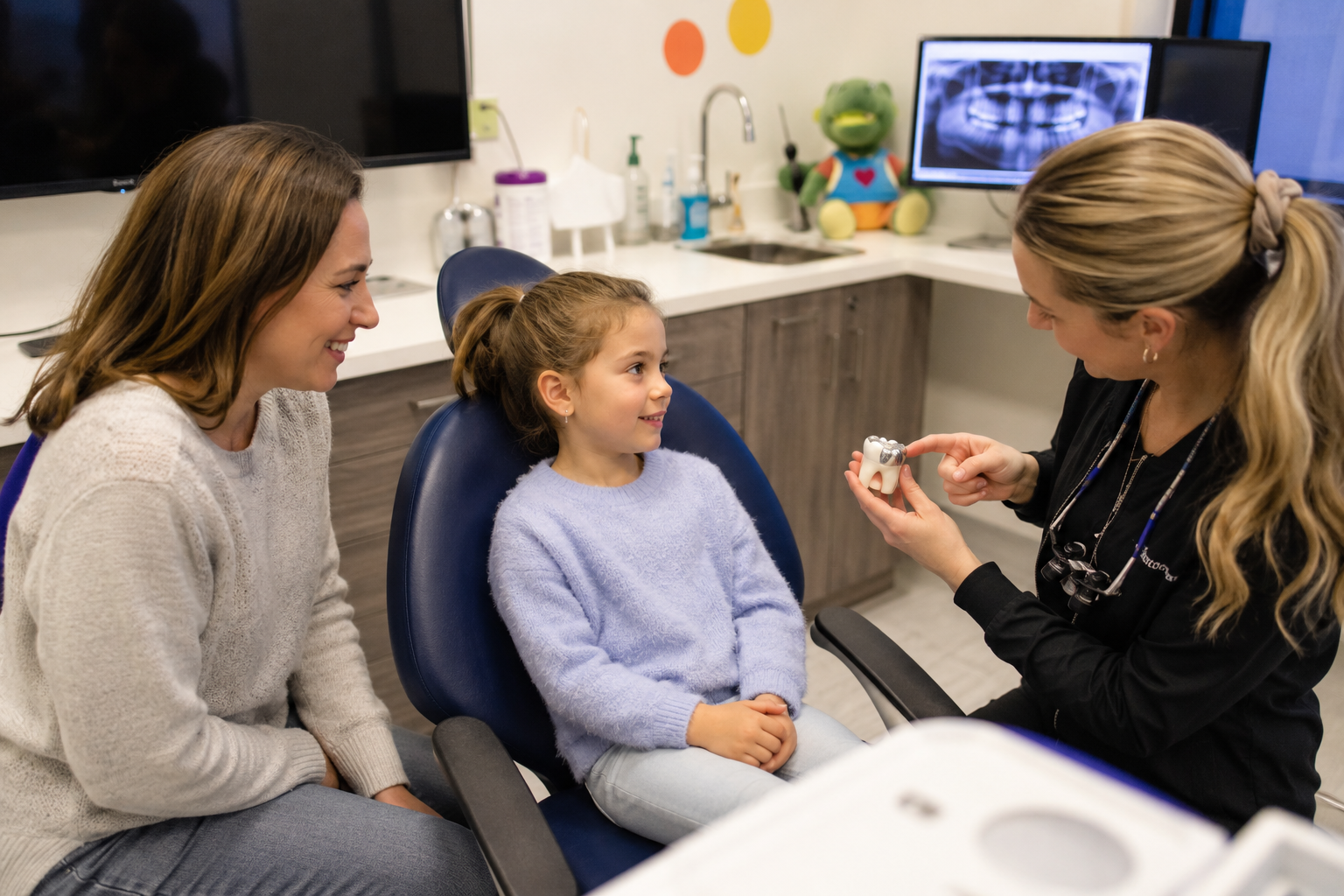 Pediatric dentist explaining when a baby tooth may need a dental crown instead of a filling to a parent and child during a consultation.