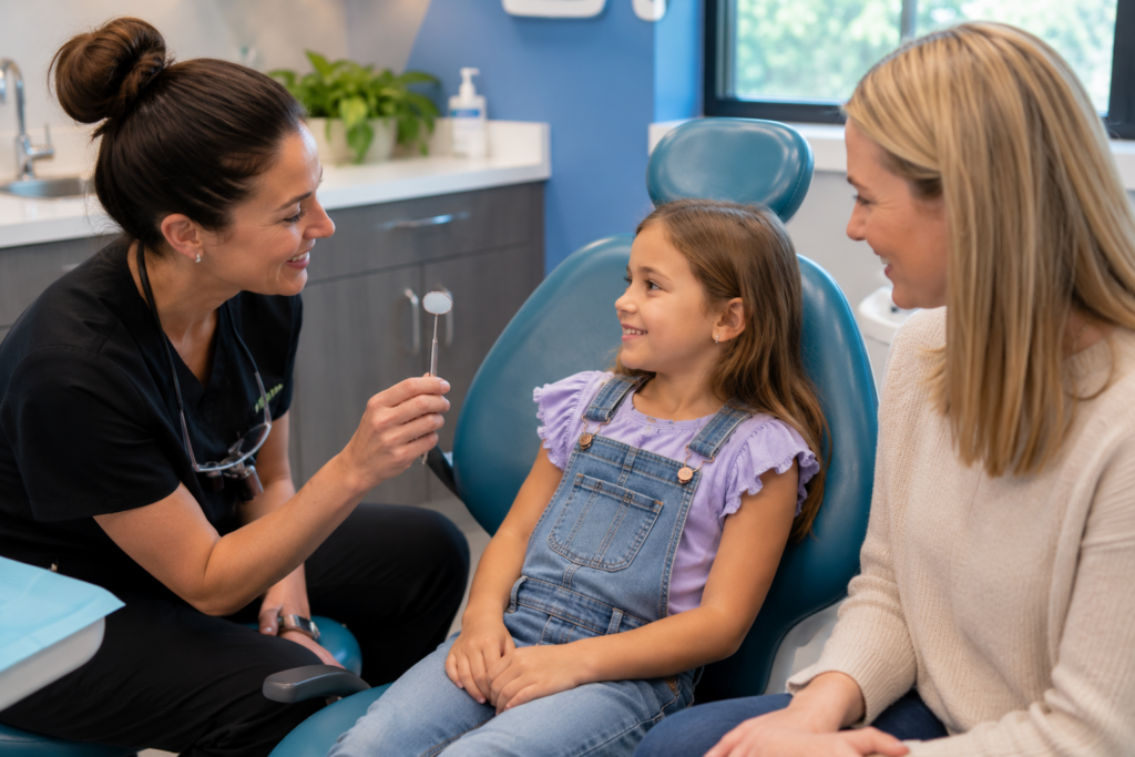 Pediatric dentist using the Tell, Show, Do technique by explaining a dental mirror to a young child before beginning a routine dental examination, helping build trust and confidence.
