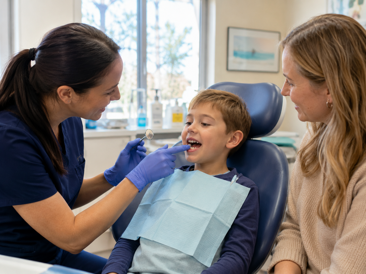 Pediatric dentist showing a parent how a permanent tooth is growing behind a child’s baby tooth.