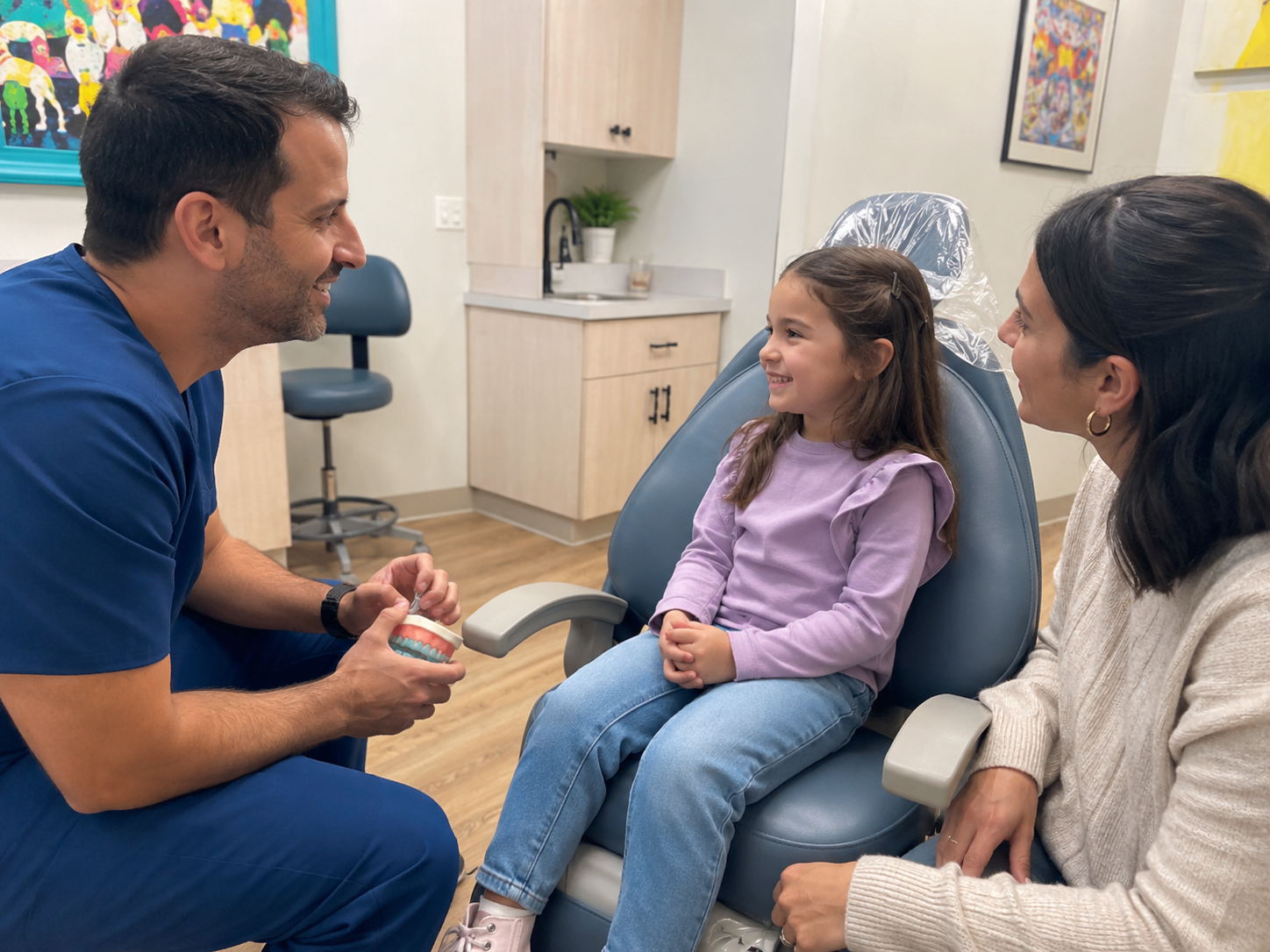 Pediatric dentist speaking with a young child and parent about an individualized dental treatment plan.