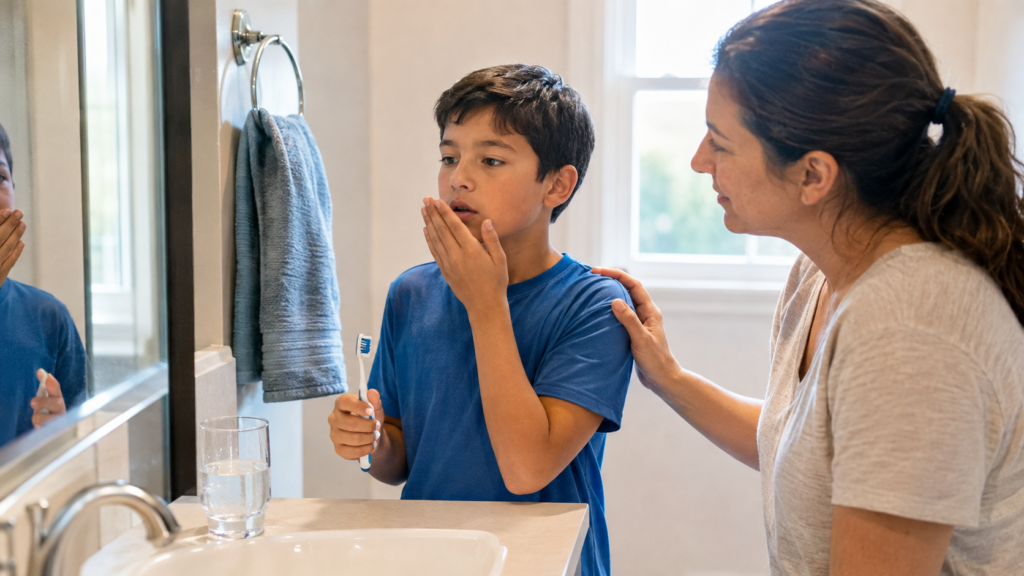 Child checking his breath after brushing while his parent offers support beside the bathroom sink.