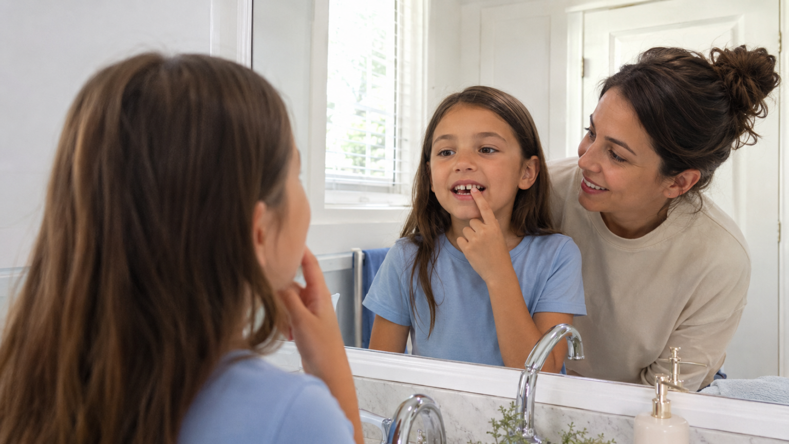 Child gently checking a loose front baby tooth in the mirror while her parent offers support.