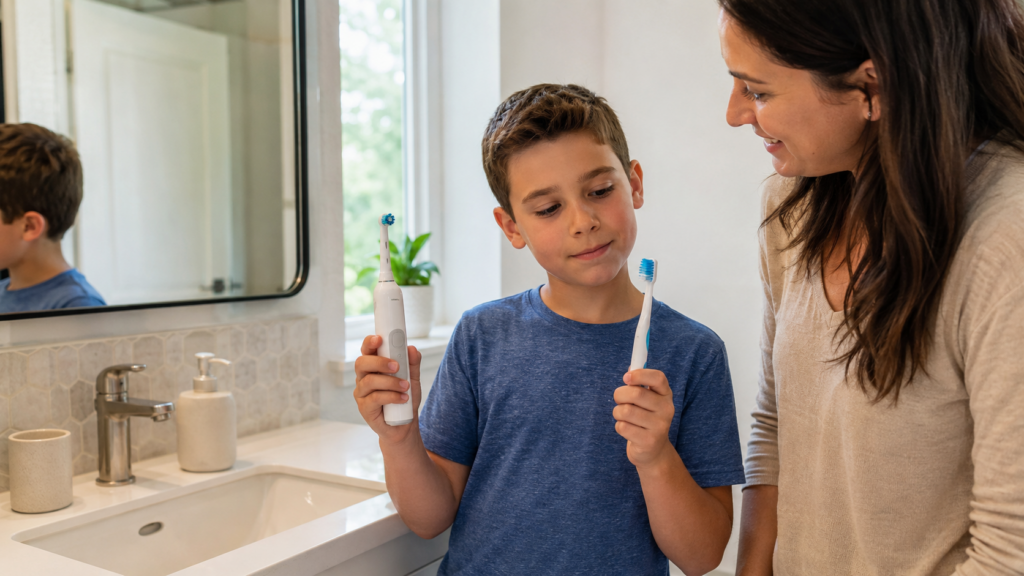 Child comparing an electric toothbrush and a manual toothbrush with a parent in the bathroom.