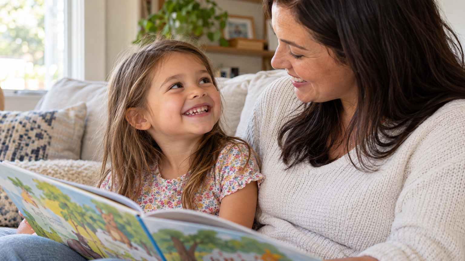 A young child with naturally spaced baby teeth smiles while reading a picture book with their mother at home.