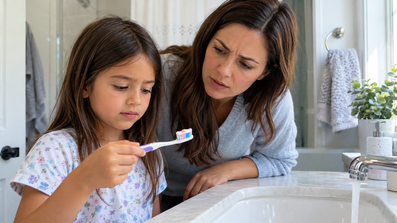 A concerned mother looks at her child’s toothbrush after noticing a faint pink tint on the bristles during a morning brushing routine.