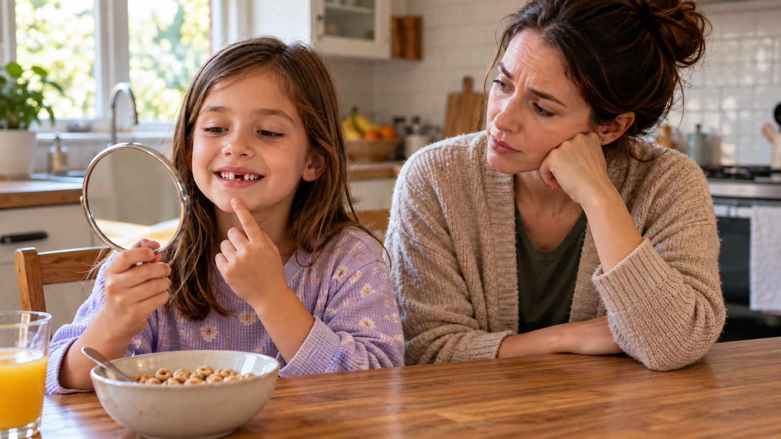 A concerned mother watches as her child checks a missing front tooth with a handheld mirror at the kitchen table.